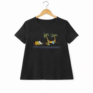 K.T. Sport Women’s Black Tropical Graphic T-Shirt Island Palm Tee Medium